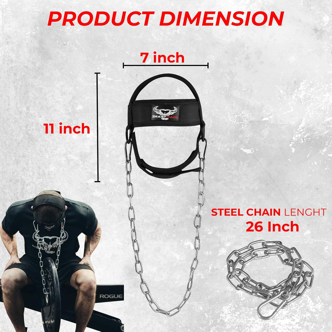 BEAST RAGE Kopfgeschirr, Halstauchen, strapazierfähig, lange Stahlkette, verstellbar, Fitness-Halsge