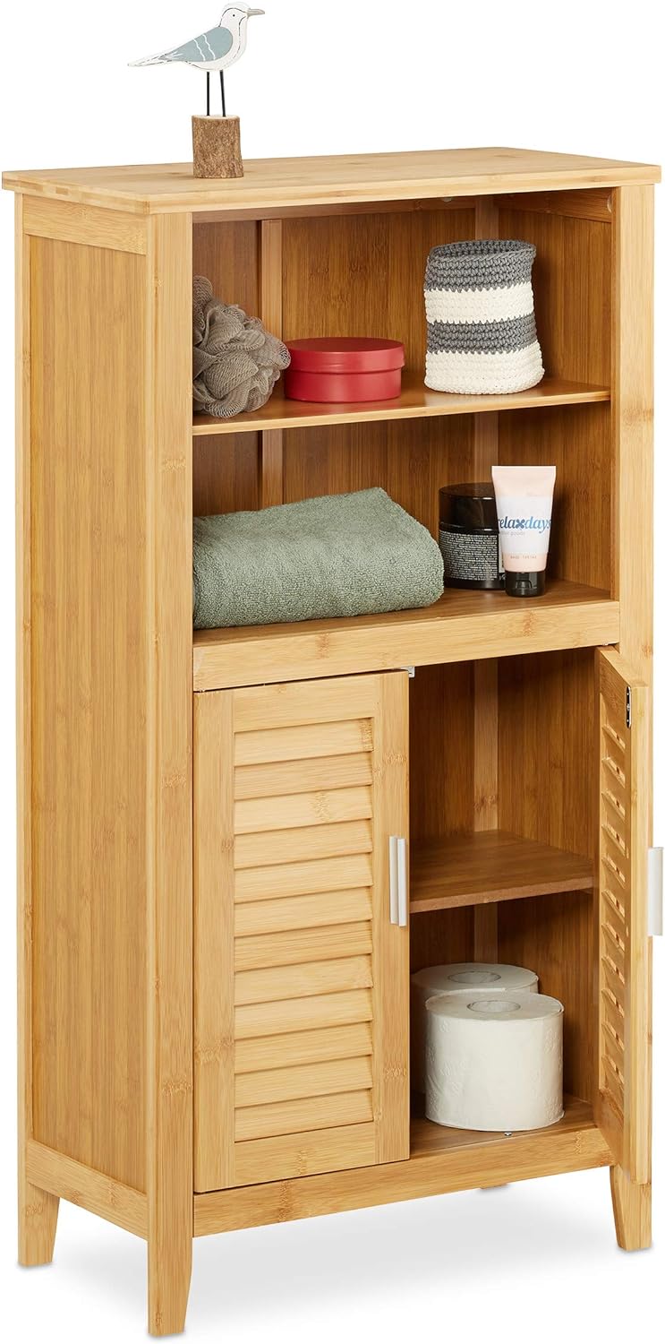 Relaxdays Badezimmerschrank Bambus, HBT: ca. 92 x 50 x 25 cm, Badschrank mit Türen in Lamellen-Optik