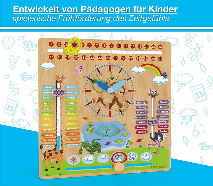 WoodyWood® Kalenderuhr für Kinder - Lernuhr aus Holz, zweisprachig, 30 X 30 cm - Montessori Jahresuh