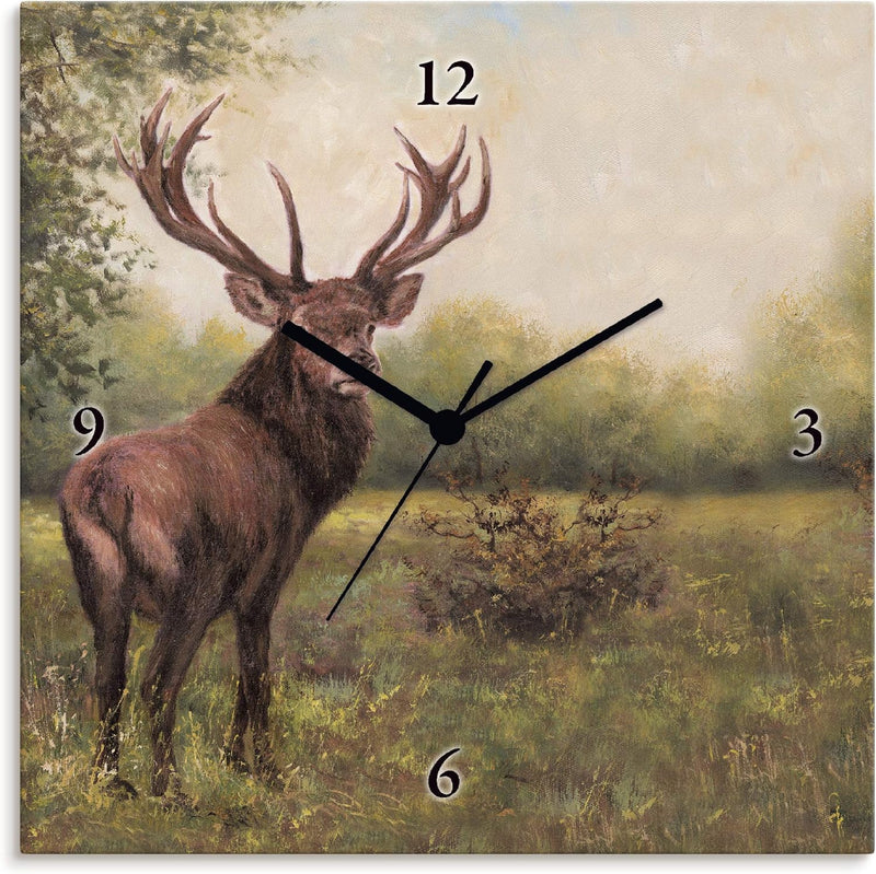 ARTLAND Wanduhr ohne Tickgeräusche Leinwand Quarzuhr 30x30 cm Quadratisch Lautlos Hirsch Tiere Wald