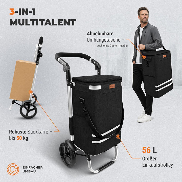 Allyson® Einkaufstrolley Klappbar, Einkaufswagen mit 56L Kapazität & Wasserdichter Tasche, Shopping-