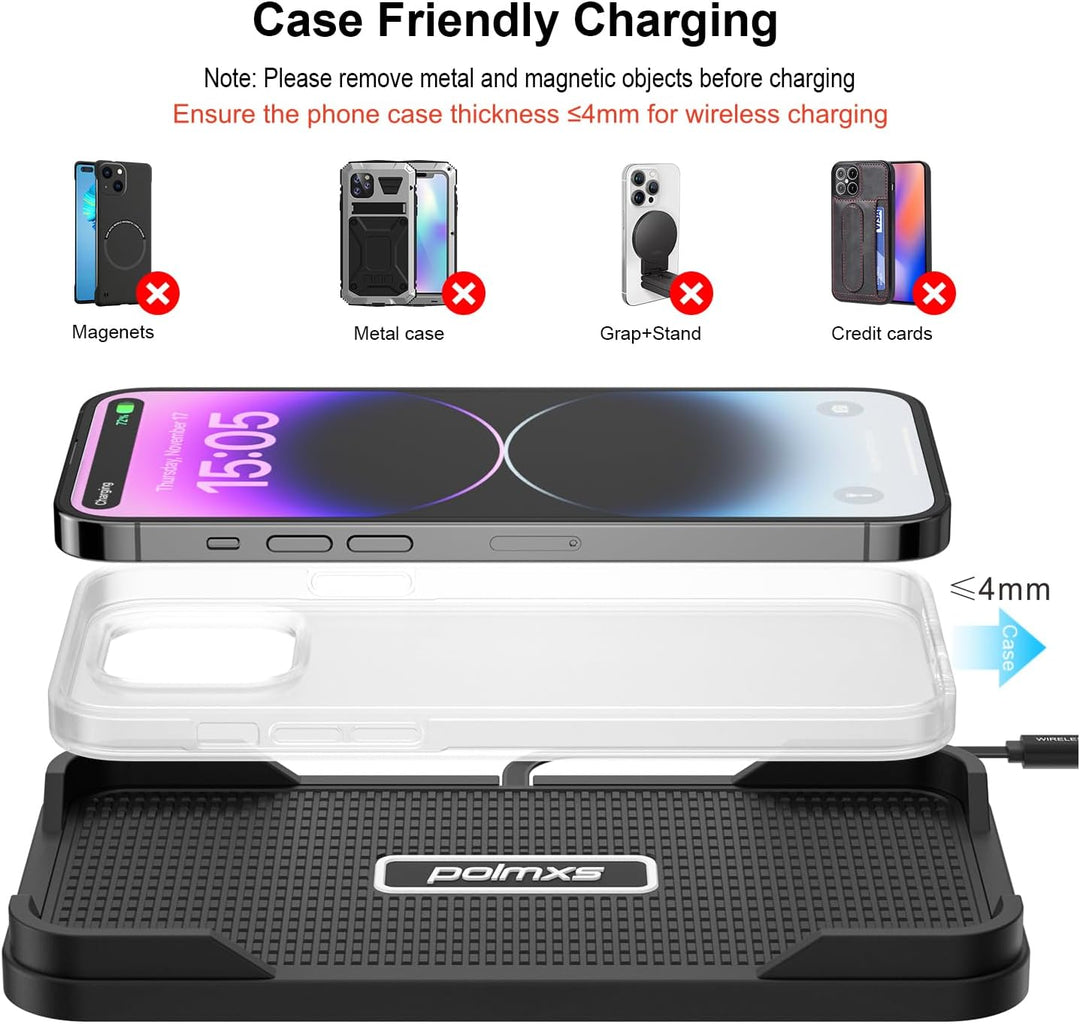 Wireless Charger Auto, Polmxs 15W Schnell Kabellose Ladestation Auto rutschfeste Matte Large Size La