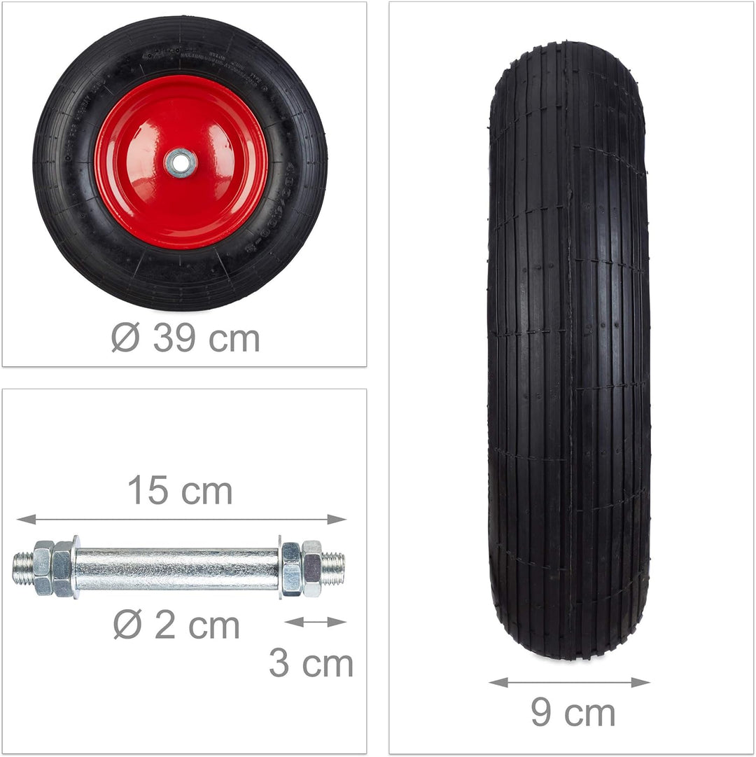 4x Schubkarrenreifen 4.80 4.00-8, Ersatzrad luftbereift mit Achse, Luftreifen 120kg Traglast, Schubk