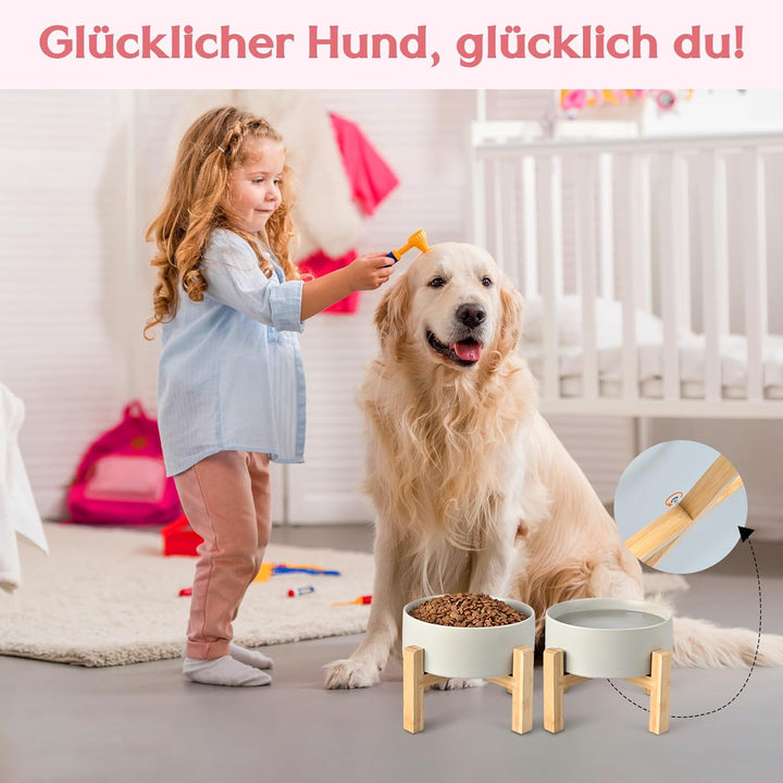 SPUNKYJUNKY Hundenapf Keramik Erhöhter Futternapf Set mit Bambus Ständer für Katzen und Hunde (1800m