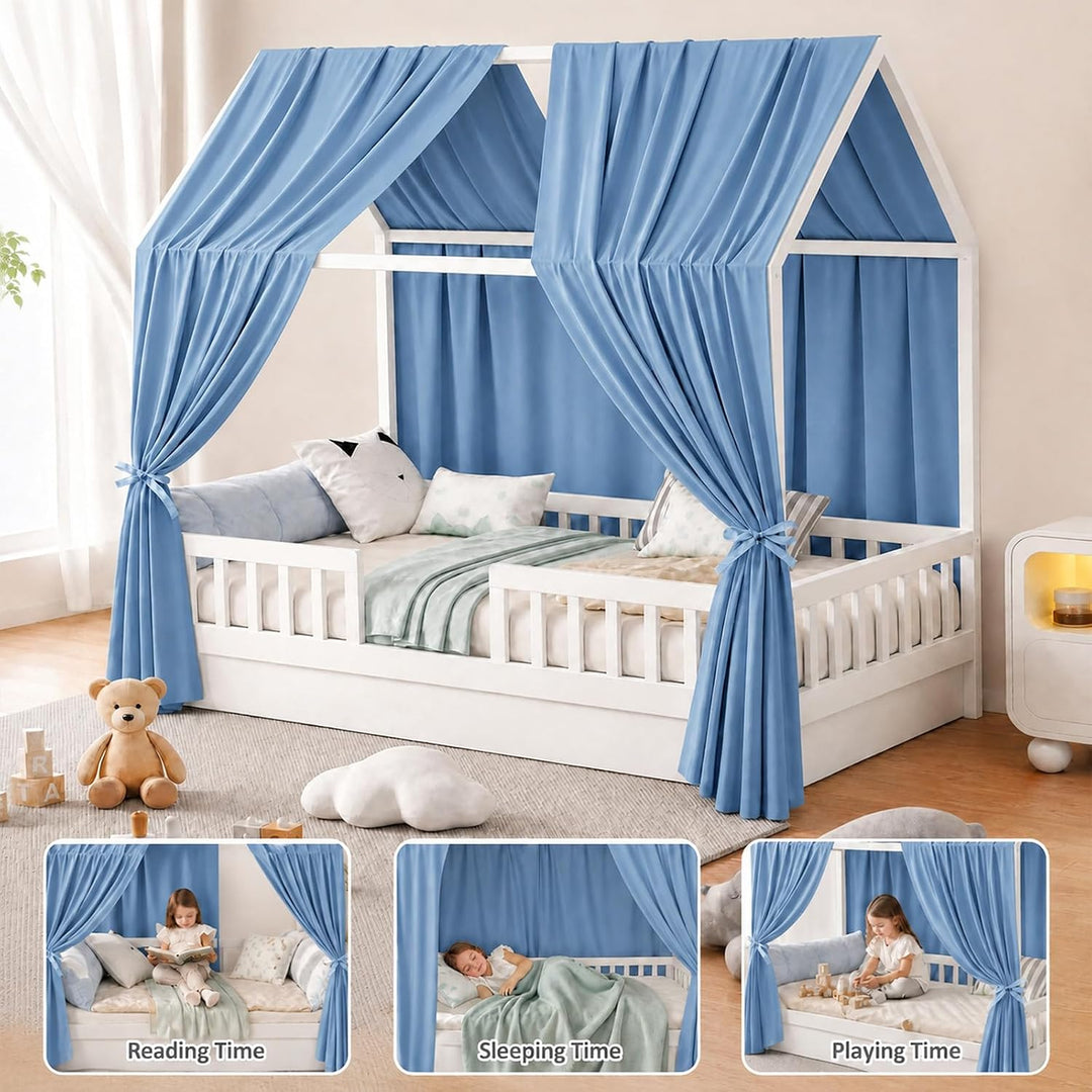Hausbett Himmel Blau, 2er Set H270 x B67 cm Kinder Himmelbett Vorhänge Musselin mit Atmungsaktiv &amp; W