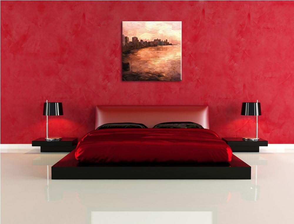 Pixxprint Stadt am Wasser, Format: 70x70 auf Leinwand, XXL riesige Bilder fertig gerahmt mit Keilrah