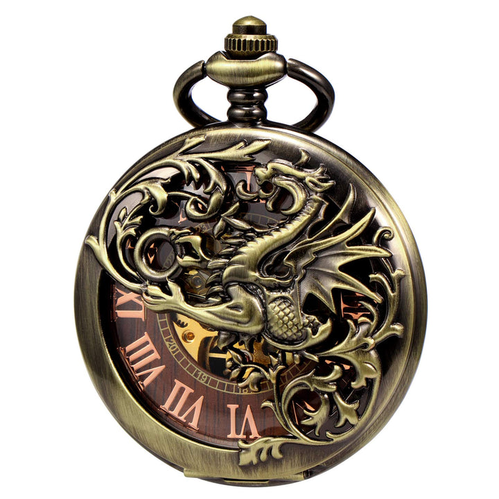 TREEWETO Antike Drache Mechanische Skelett-Taschenuhr mit Kette Bronze101, Bronze101