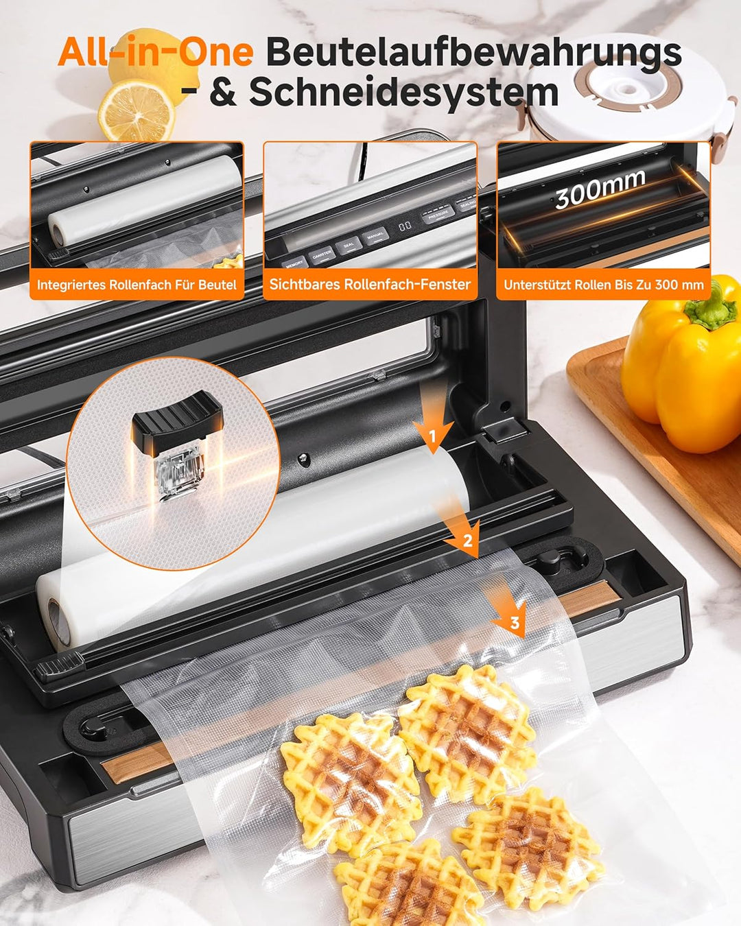 Vakuumiergerät 95 kPa,9-in-1 Lebensmittel-Vakuumierer mit einstellbarem Zeit- & Druckmodus,Speicherf