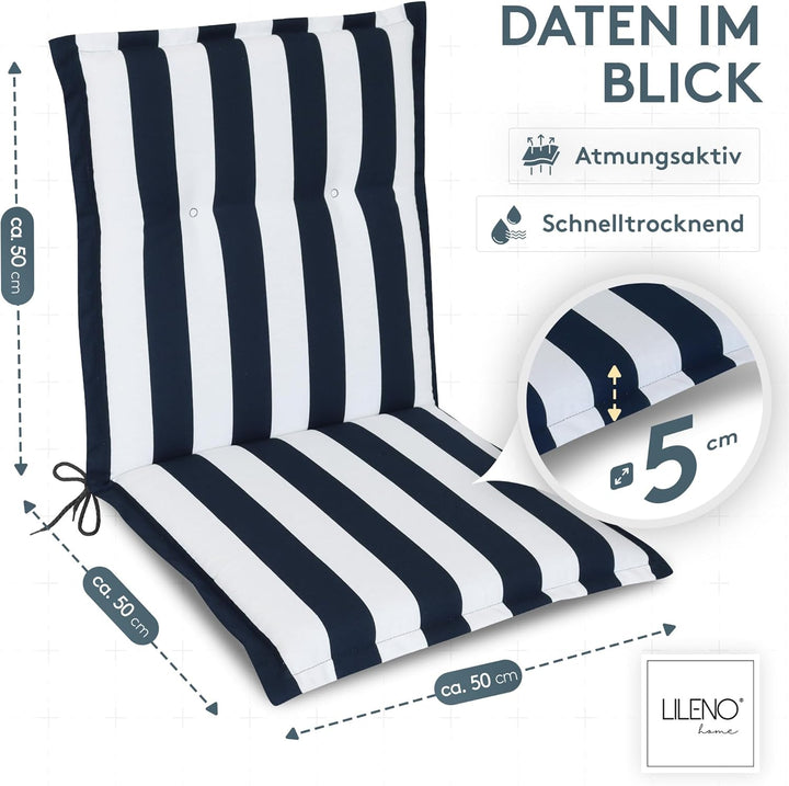 LILENO HOME Gartenstuhl Auflagen als [1er Set - Niedriglehner] in Blockstreifen Blau - Bequeme Liege