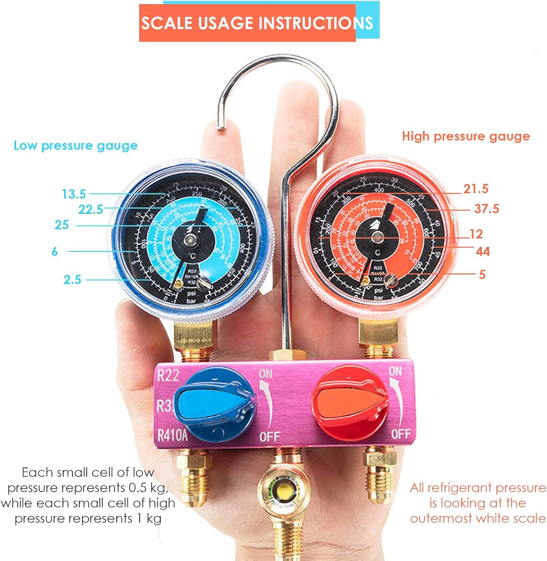 Verteilermanometer, Mini-Fluorid-Kältemittel-Manometer für R22, R32, R410A-Kältemittel, G1 / 4-Metal