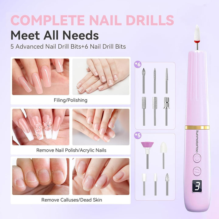 Kabellos Tragbar Nagelfräser Professional 12 in 1 Electric Nail Drill Machine USB Wiederaufladbare E