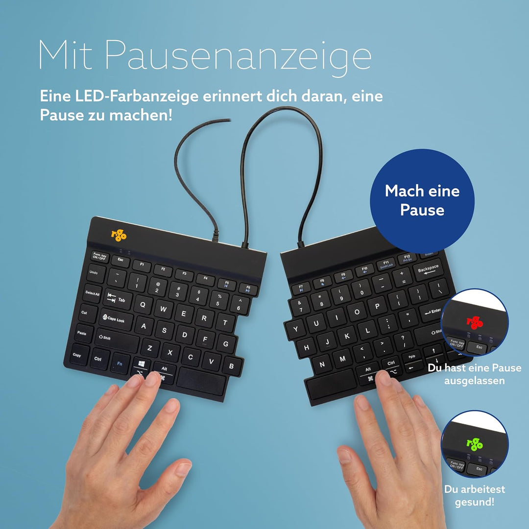 R-Go Split Tastatur, Ergonomische Design mit Geteilte Tastenfeld und Integrierter Pausenanzeige, QWE