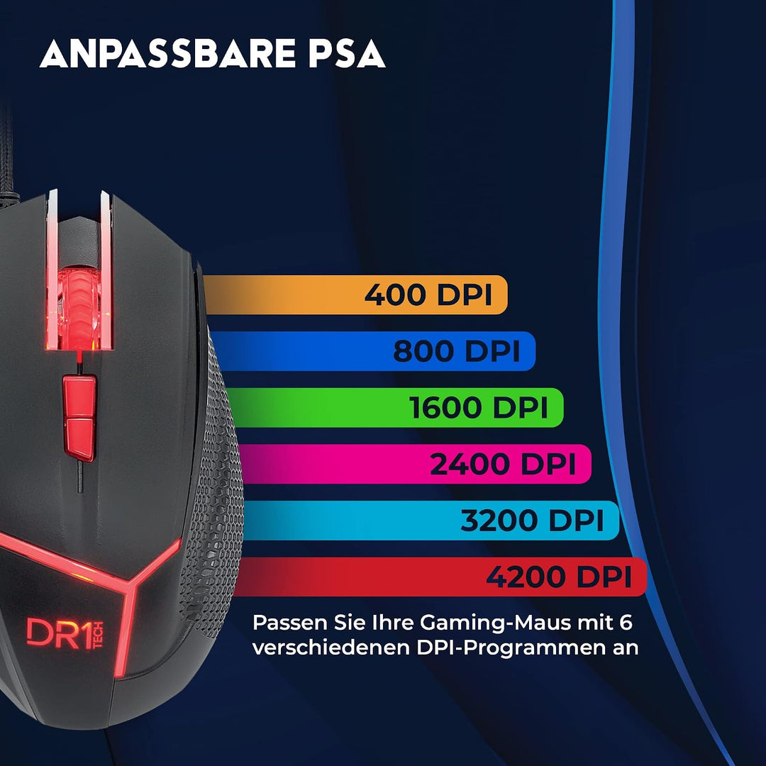 DR1TECH Hunter+ Professional Gaming Maus Mit Kabel [5 Auswechselbare Gewichte + Triple FIRE] - 9 Tas
