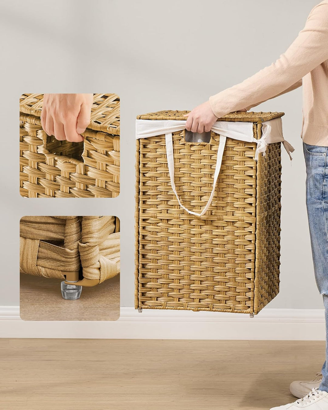 SONGMICS Wäschekorb 2 Fächern, Wäschesammler 160 L, Wäschebox aus synthetischem Rattan, mit Deckel u