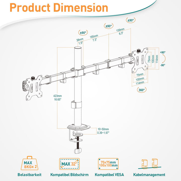 ELIVED Monitor Halterung 2 Monitore für 13-32 Zoll LED/LCD Bildschirm von VESA 75/100, Dual Monitor