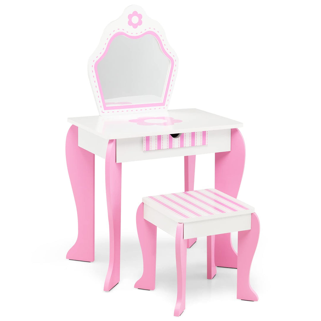 GOPLUS Kinder Schminktisch Set, Make up Schminktisch mit Hocker Spiegel, 2 in 1 Frisiertisch mit Sch