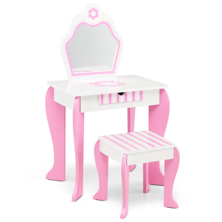 GOPLUS Kinder Schminktisch Set, Make up Schminktisch mit Hocker Spiegel, 2 in 1 Frisiertisch mit Sch