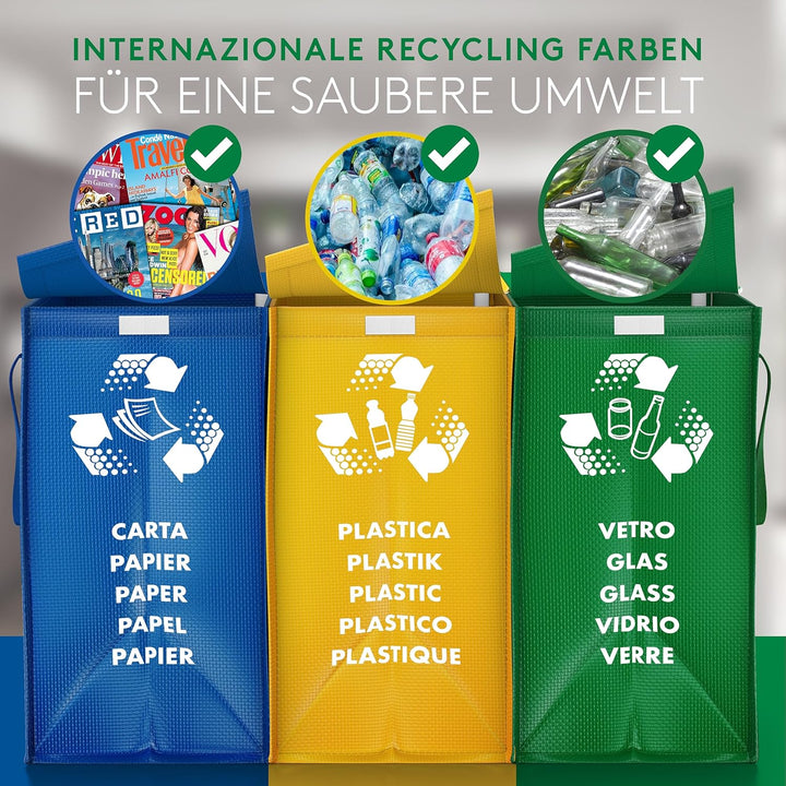 PTMS® Mülleimer 3 Fächer - Mülltrennsystem für Papier, Glas und Plastik - Umweltfreundliche Recyclin