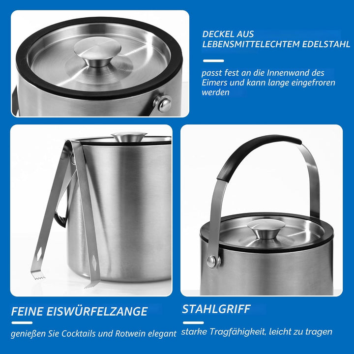 2L Eiswürfelbehälter, Eiskübel mit deckel,Eiswürfelbehälter Edelstahl mit Clips und Sieb, perfekt zu