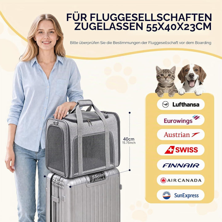 Hundetasche Flugzeug 55x40x23 Eurowings Lufthansa，Faltbare leichte Tragetasche mit Netzstoff Flugtas