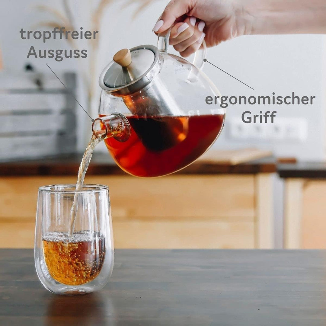 buntfink®„TeaPot“ Teekanne Glas mit Siebeinsatz für 1.300 ml I Glasteekanne mit Siebeinsatz aus Boro