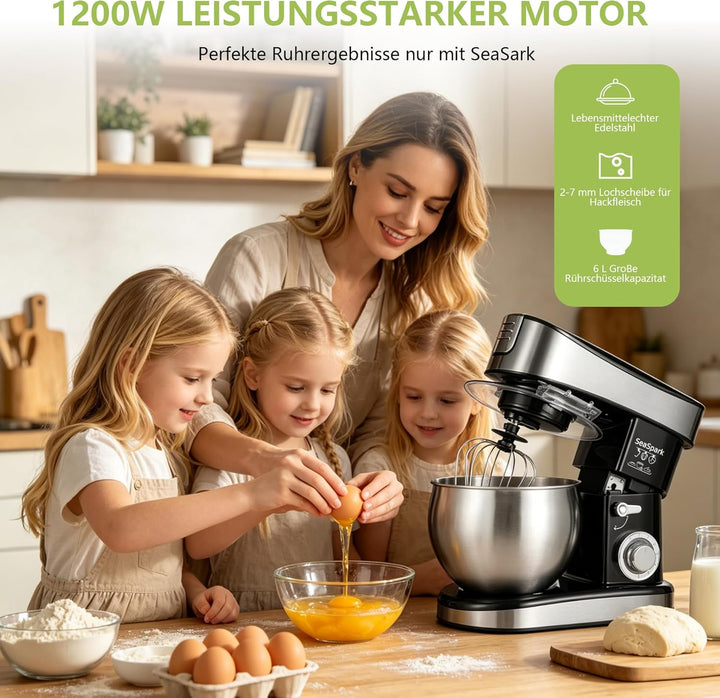 Küchenmaschine, 6 L Knetmaschine 1200W, 6 Geschwindigkeits Küchenmaschine, Teigmaschine mit Rührhake