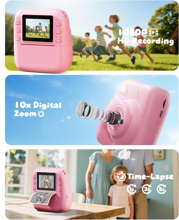 CAMCLID Kinderkamera Sofortbildkamera, 1080P Sofortbildkamera Kinder mit 32GB Karte & 3 Rollen Druck