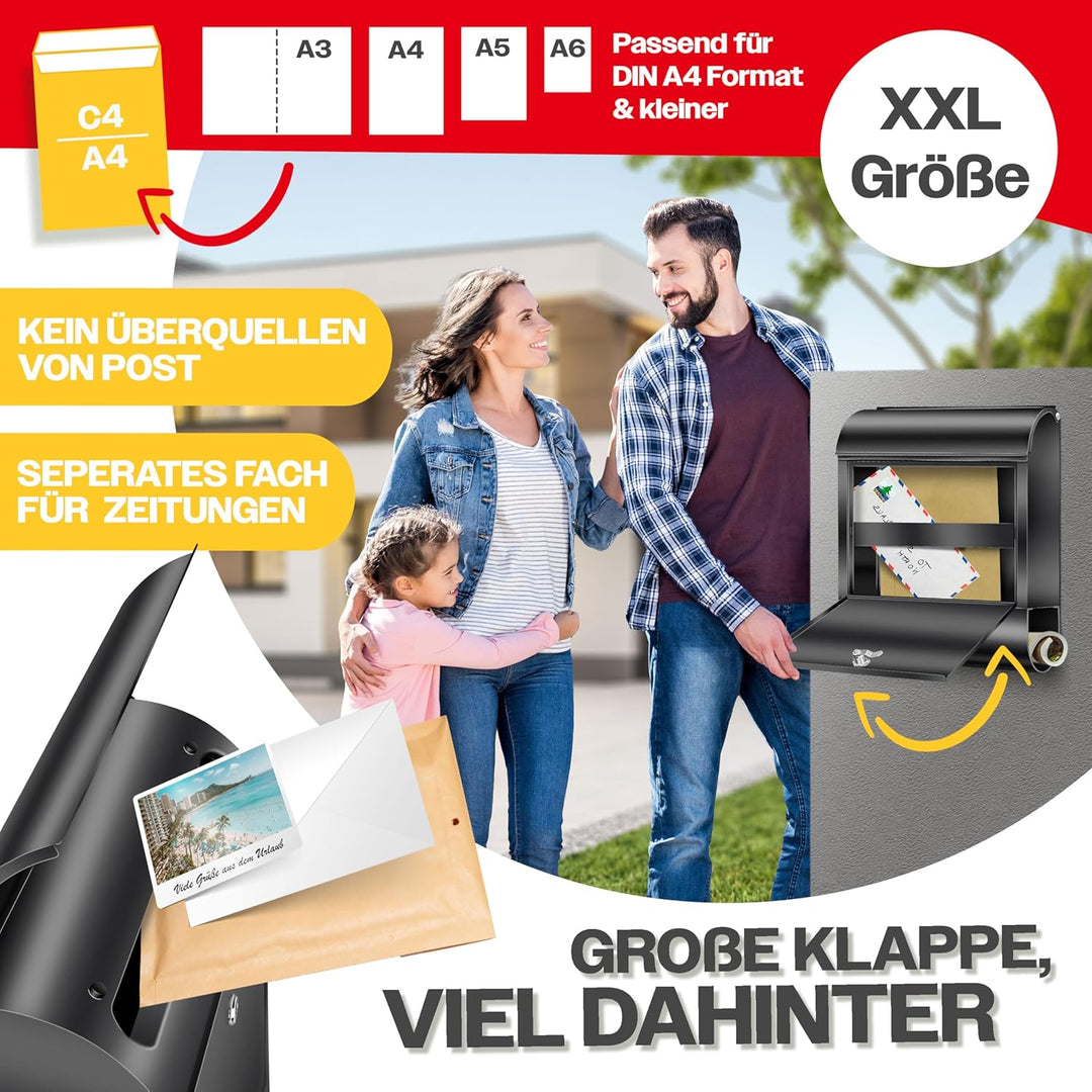 KESSER® XXL Briefkasten Edelstahl mit Zeitungsfach, gebürstet, 3X Schlüssel abschliessbar, Pulverbes