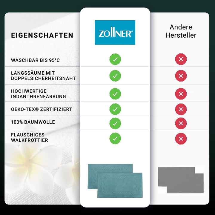 ZOLLNER 2er Set Badematten - weiche und saugstarke Duschvorleger - waschbar bis 95°C - Baumwolle - 5