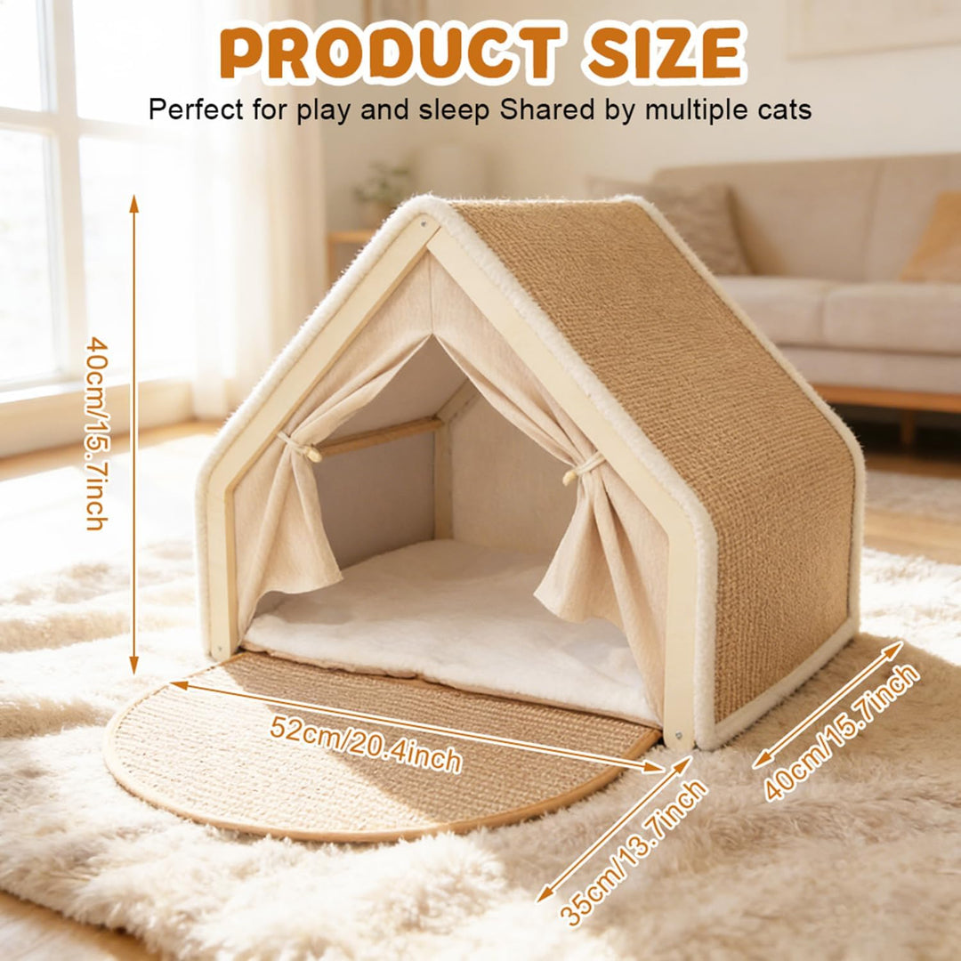 2-in-1 Katzenhaus mit Kratzbrett, Holz katzenzelt &amp; Sisal Kratzfläche als Gemütliche Katzenhöhle für