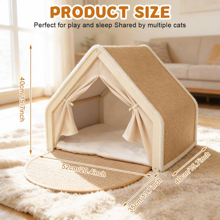 2-in-1 Katzenhaus mit Kratzbrett, Holz katzenzelt &amp; Sisal Kratzfläche als Gemütliche Katzenhöhle für
