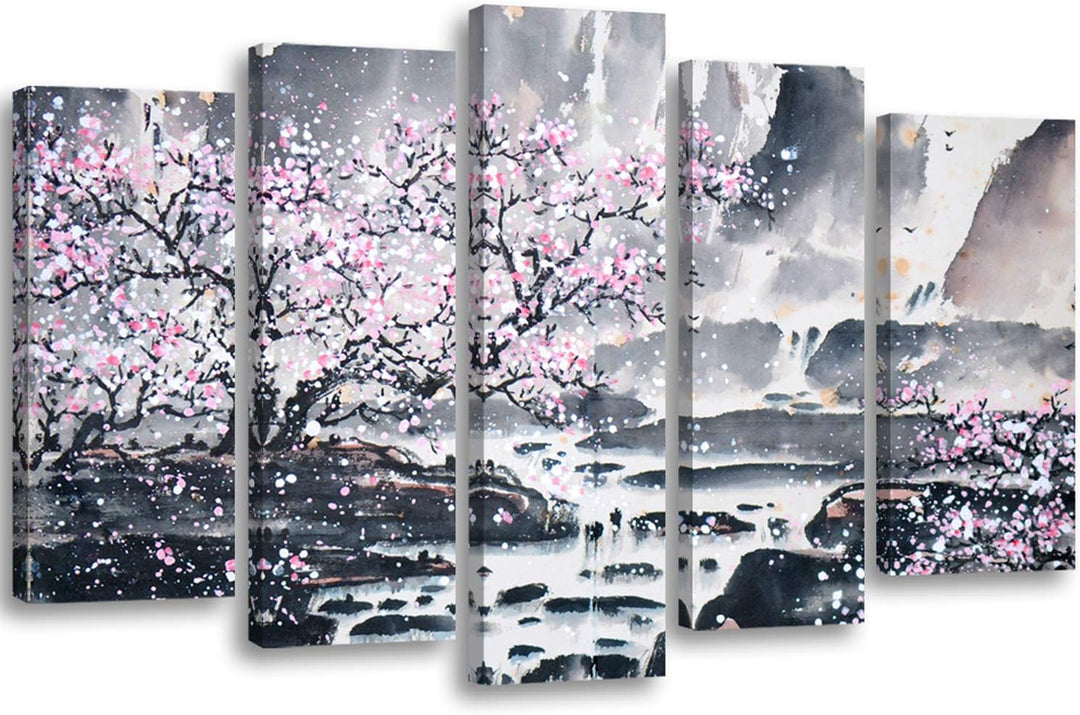 Feeby Frames, Leinwandbild Bilder Wand Bild - 5 Teile - Wandbilder Kunstdruck (KIRSCHBAUM, ROSA, GRA