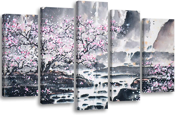 Feeby Frames, Leinwandbild Bilder Wand Bild - 5 Teile - Wandbilder Kunstdruck (KIRSCHBAUM, ROSA, GRA