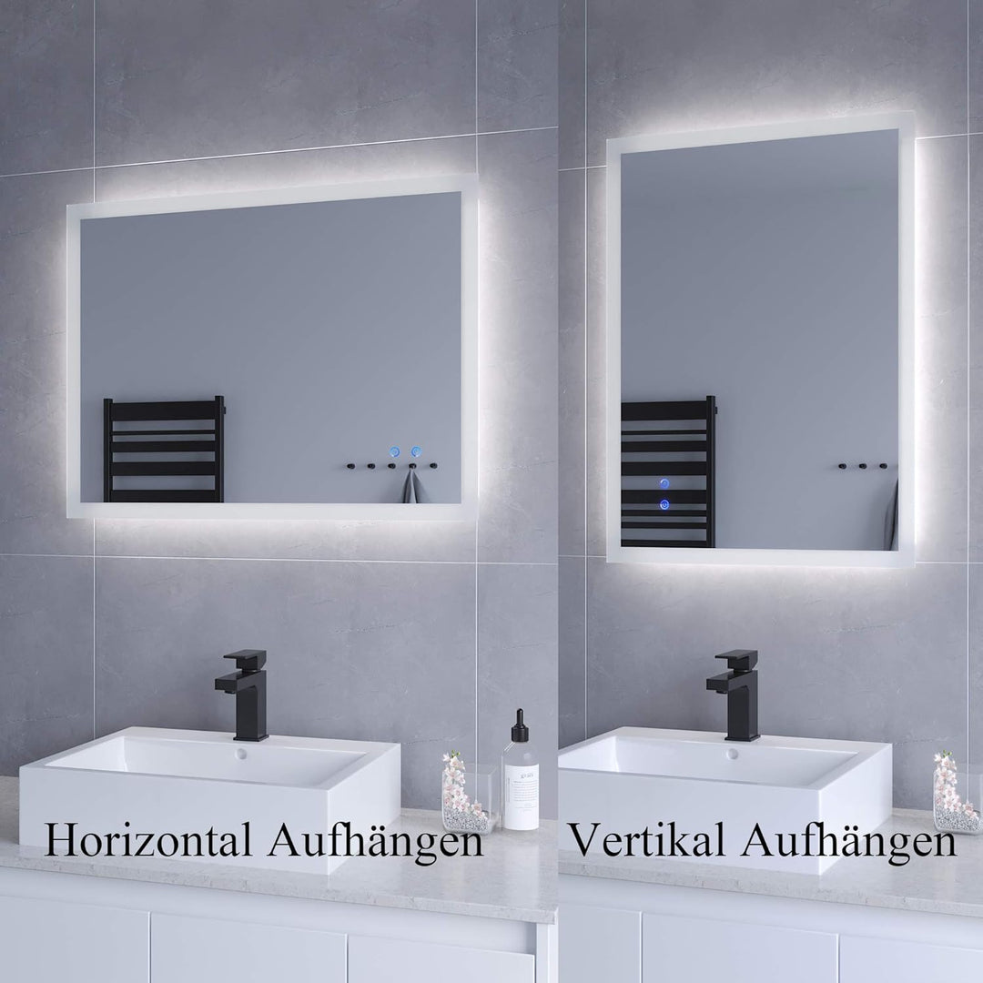 AQUABATOS Badspiegel mit Beleuchtung 80x60 cm für Wandschalter Badezimmerspiegel LED Lichtspiegel Wa