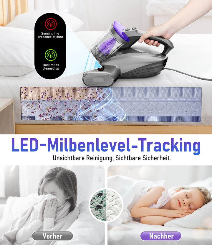 PM600 Milbensauger mit UV-Licht, 500W Matratzensauger für Allergiker zur Entfernt 99,9% der Staub-Mi