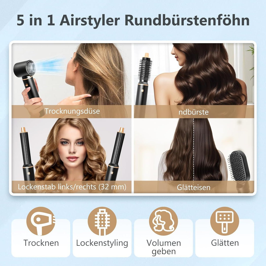 RUIZHI 5 in 1 Airstyler Rundbürstenföhn Haartrockner, 110000 U/Min 3 Temperaturregelung Multifunktio