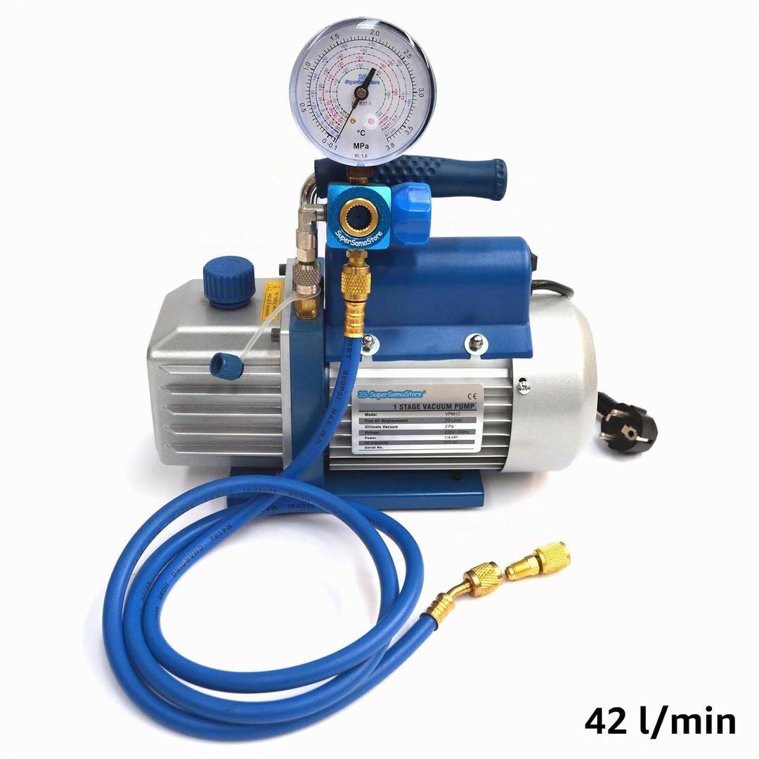 3S SuperSamaStore Vakuum- und Füllset mit Pumpe 42 l/min, Schläuche und Kälte-Manometer für R32 - R4