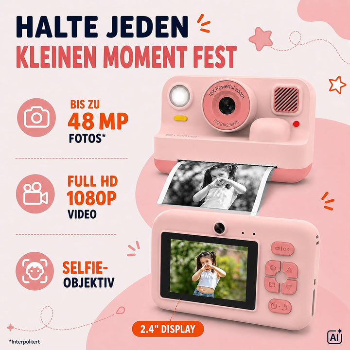 Denver Kinderkamera 48 MP mit Sofortdruck, Bluetooth, Full HD, Rosa