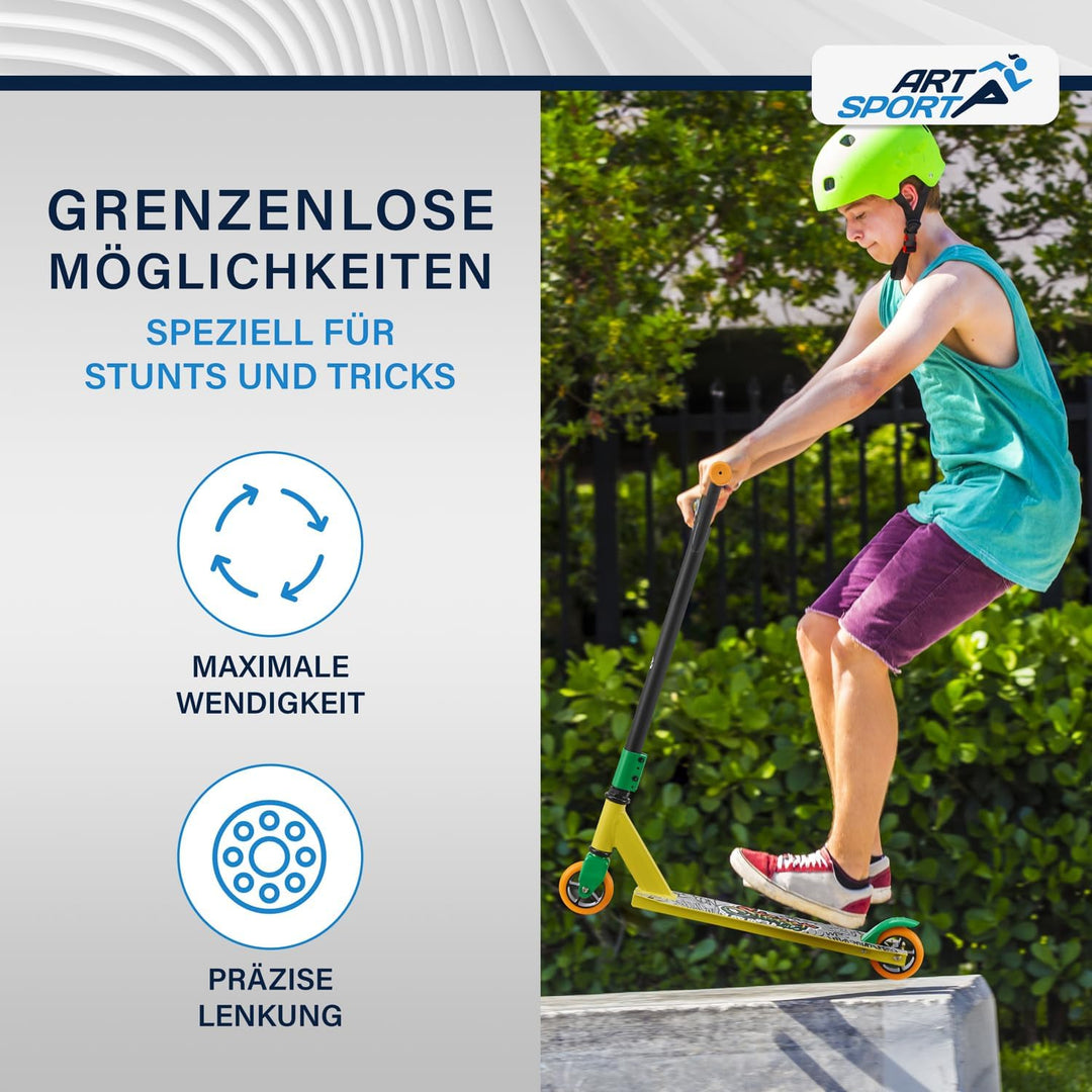 ArtSport Stunt Scooter mit 360° Lenkung, ABEC 9 Kugellager, 100 mm PU Räder & Griptape, Funscooter f