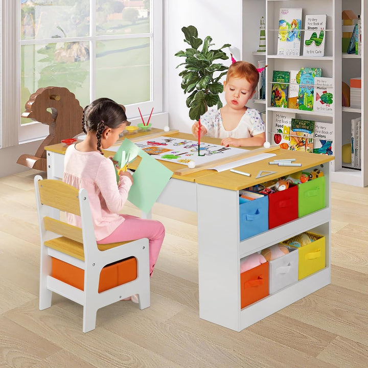 ROCSUMOO Kinder-Kunsttisch-Set mit 2 Stühlen - Holzerner Aktivitätstisch für Kleinkinder mit Verstel