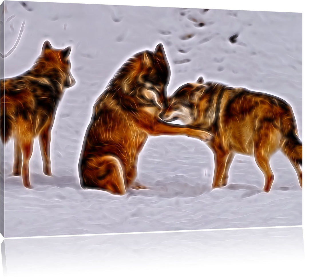 spielendes Wolfsrudel Deluxe Format: 100x70 cm auf Leinwand, XXL riesige Bilder fertig gerahmt mit K