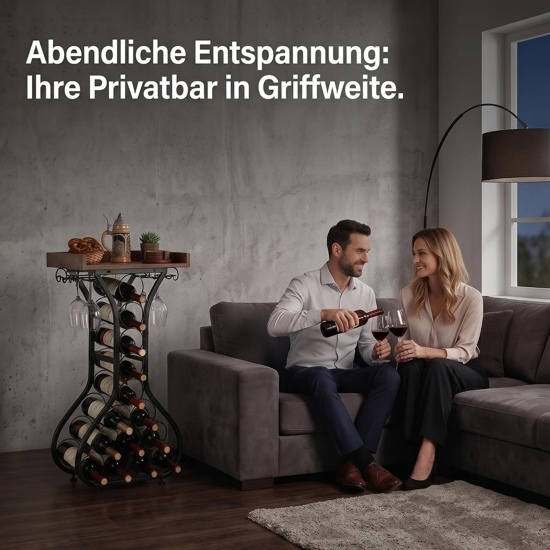 Weinregal Freistehend für 14 Flaschen, Weinflaschenhalter aus Metall mit Glashalter für 4 Gläser und