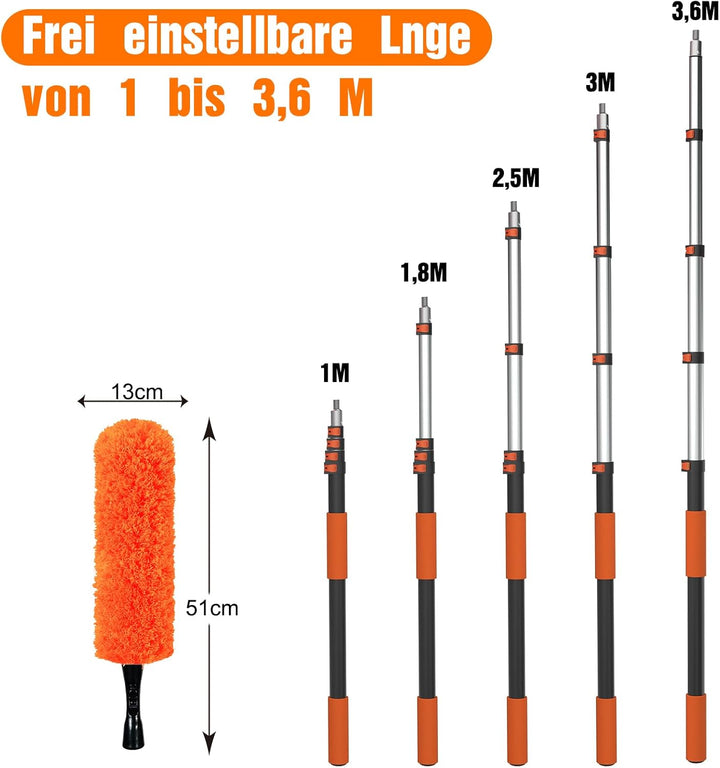 3,6m Staubwedel Teleskop, 6 Stück Spinnwebenbesen mit Teleskopstiel, Profi Fensterputzer Set und Fli