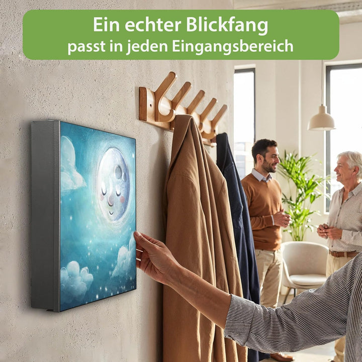 banjado® Grosser Schlüsselkasten Glas/Schlüsselbox 30cm x 30cm mit 50 Haken - Motiv schlafender Mond