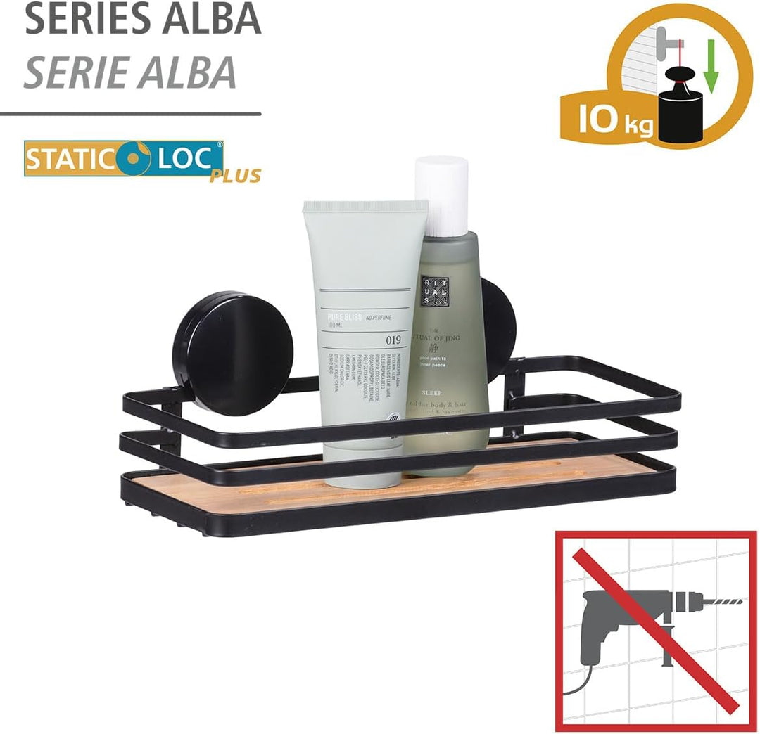 WENKO Static-Loc® Plus Wandablage Mod. Alba, Badezimmerablage aus lackiertem Stahl & Bambus, Befesti
