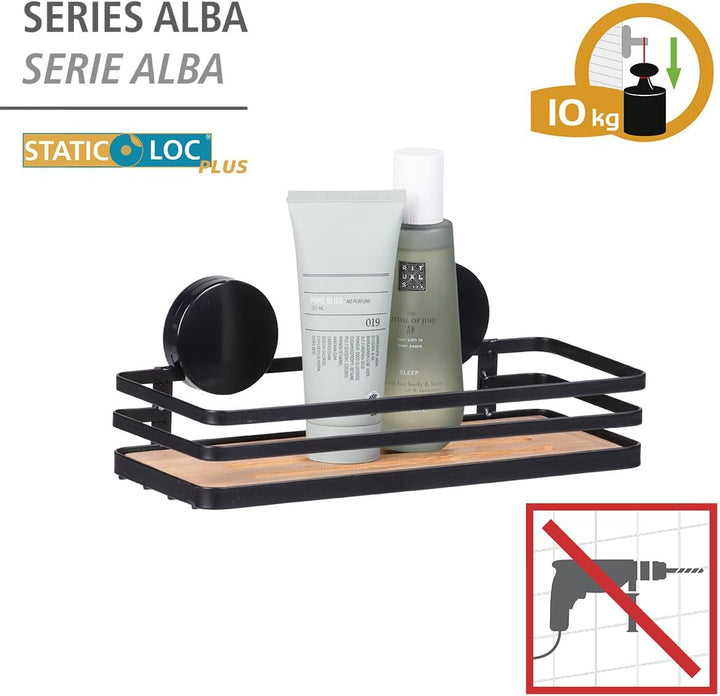 WENKO Static-Loc® Plus Wandablage Mod. Alba, Badezimmerablage aus lackiertem Stahl & Bambus, Befesti