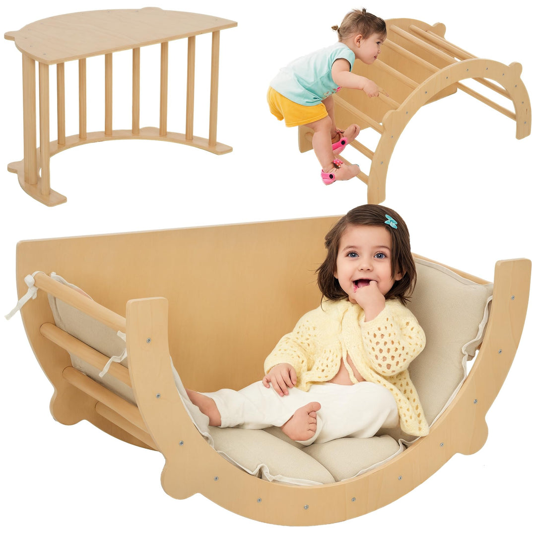 AIYAPLAY 3-in-1 Montessori Klettergerüst Indoor Holz Kletterbogen mit Tischplatte Matte Indoor Spiel