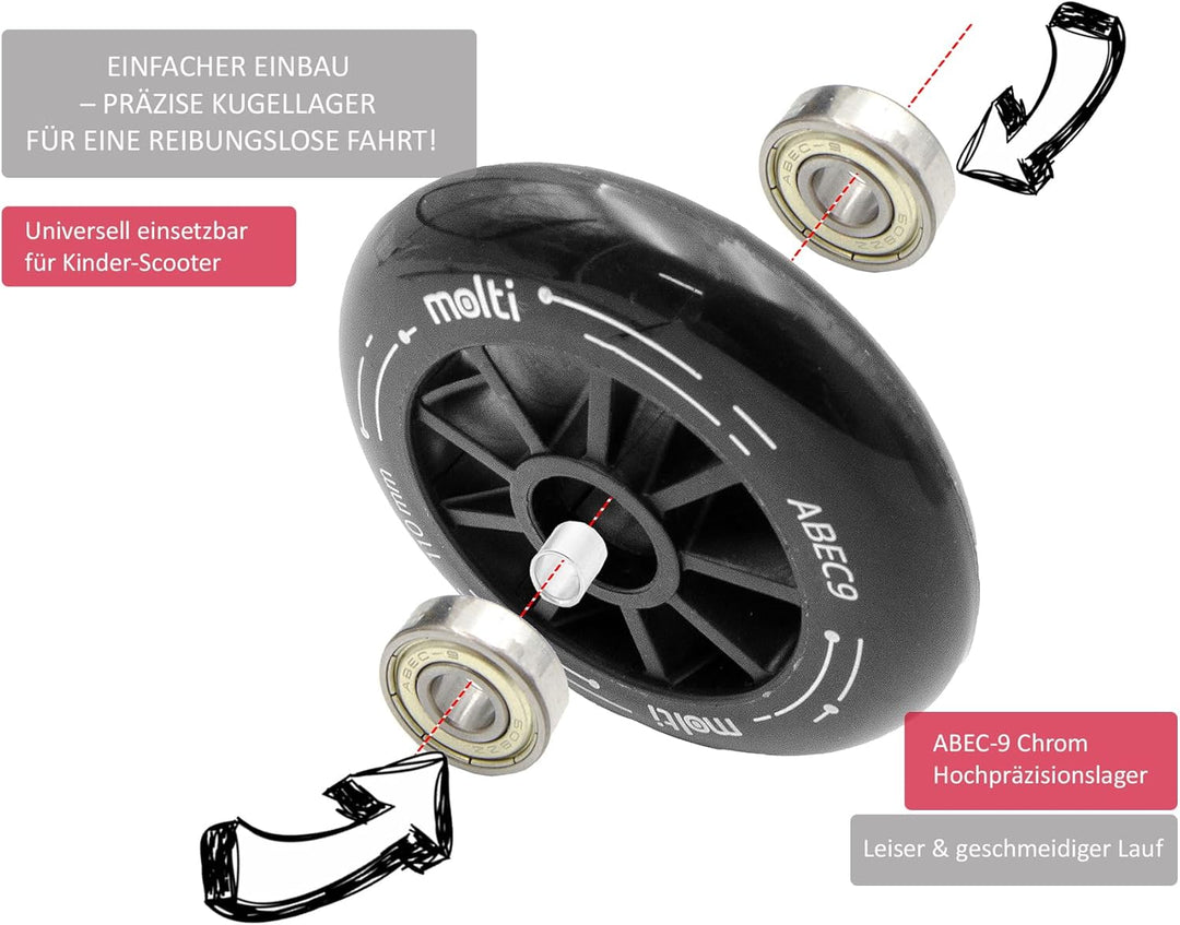 molti 2 Ersatzräder Ersatzrollen 100/110mm mit ABEC-9 Chrom 2er Set wheels Skaterrollen, Scooterroll