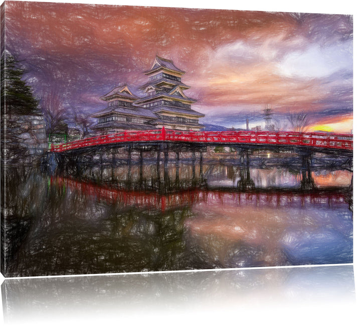 Pixxprint asiatischer Tempel an See / 100x70cm Leinwandbild bespannt auf Holzrahmen/Wandbild Kunstdr