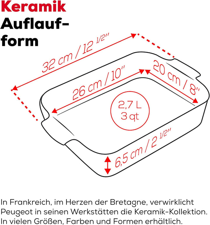 PEUGEOT - Rechteckige Auflaufform aus Keramik - 32 cm x 21,7 cm x 7,2 cm - Fassungsvermögen: 2,7 L -